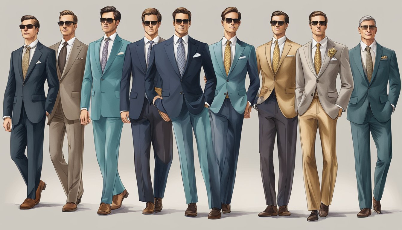 A row of luxurious high-end suits, lined up in a sophisticated display, exuding elegance and prestige. Rich fabrics, impeccable tailoring, and exquisite details convey status and success