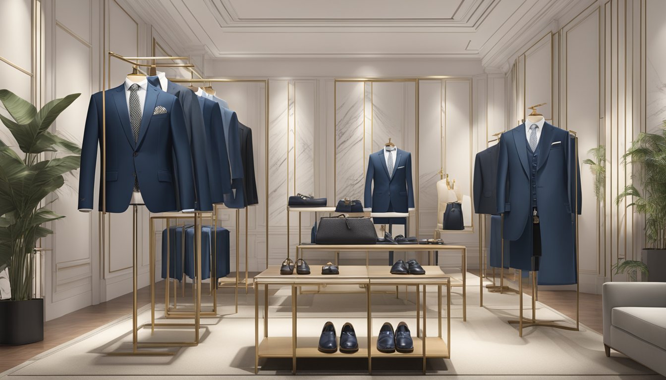 A display of luxury suit brands, with price tags and elegant designs, arranged neatly in a high-end boutique setting
