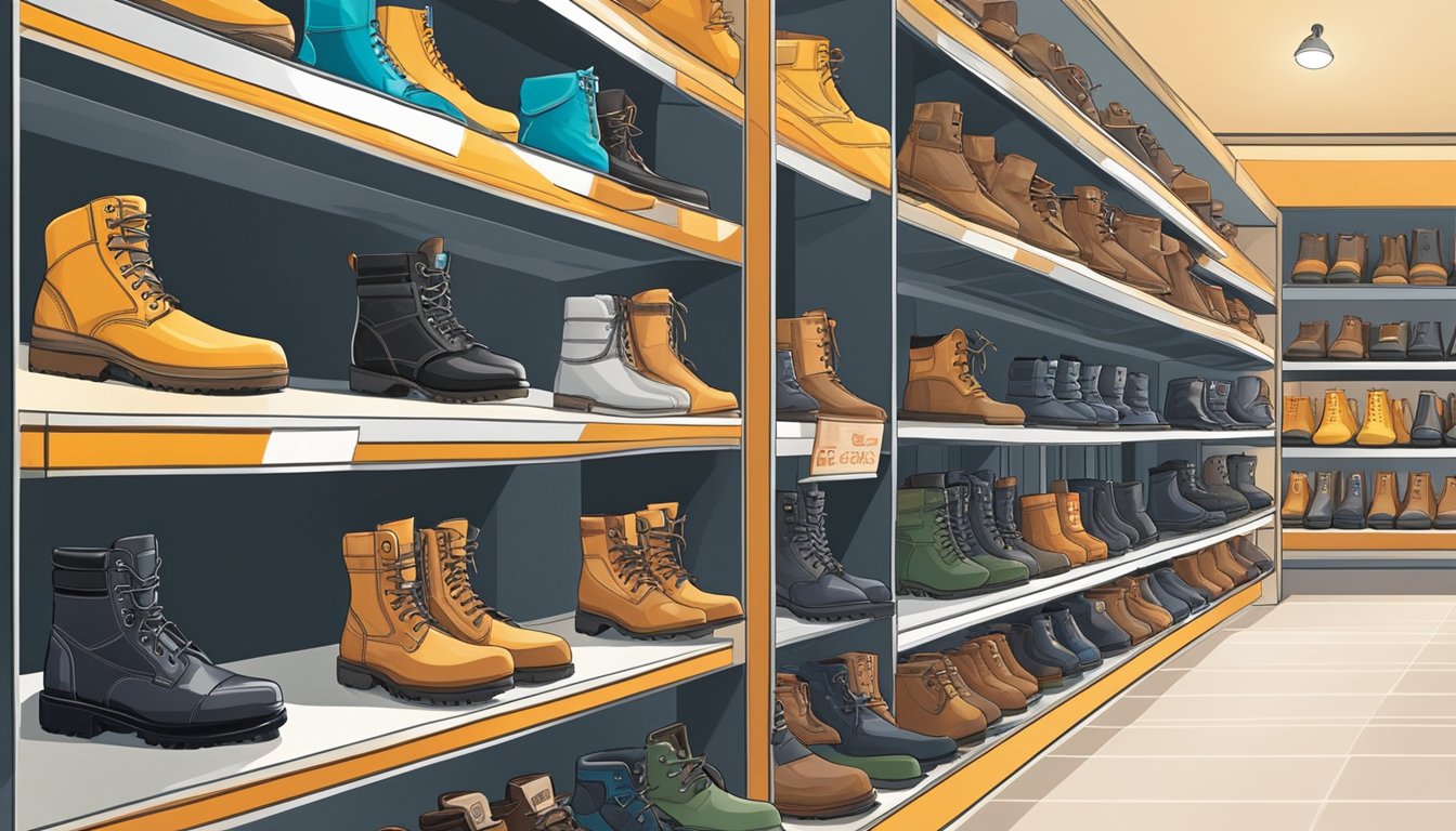 A display of safety boots in a well-lit store in Singapore. Various brands and styles neatly arranged on shelves with price tags visible