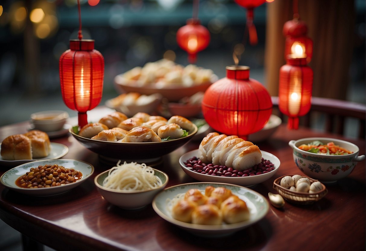 A table set with traditional Chinese birthday dishes, including whole fish, longevity noodles, and red bean buns. Red lanterns hang overhead