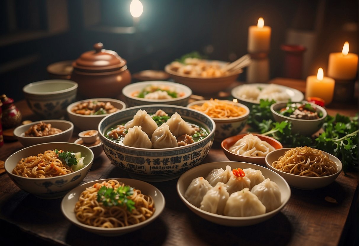A table set with traditional Chinese birthday dinner dishes, including dumplings, whole fish, and longevity noodles, symbolizing good luck and prosperity