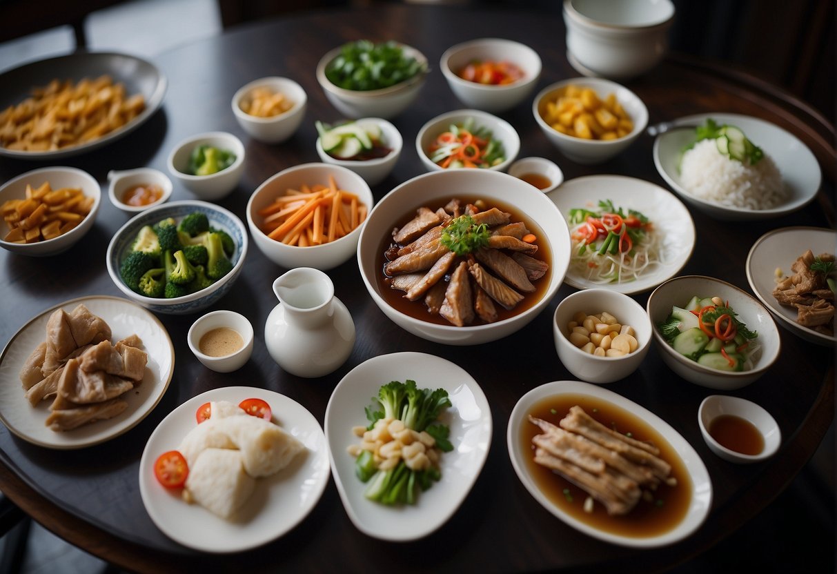 A beautifully set table with traditional Chinese dishes, including Peking duck, steamed fish, and stir-fried vegetables, all elegantly presented