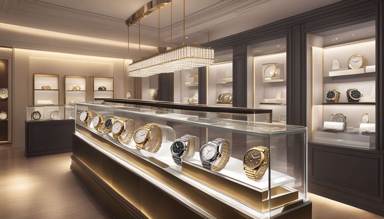 A display of exquisite Swiss watches gleaming under soft lighting in a lavish boutique setting