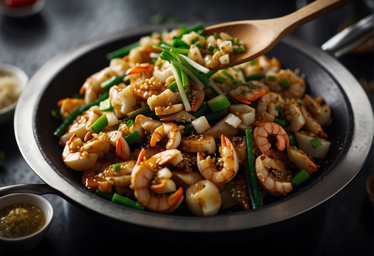 A wok sizzles as a chef stir-fries ginger, garlic, and green onions. He adds soy sauce and sesame oil, then tosses in chunks of fresh Dungeness crab, coating them in the fragrant sauce. Garnished