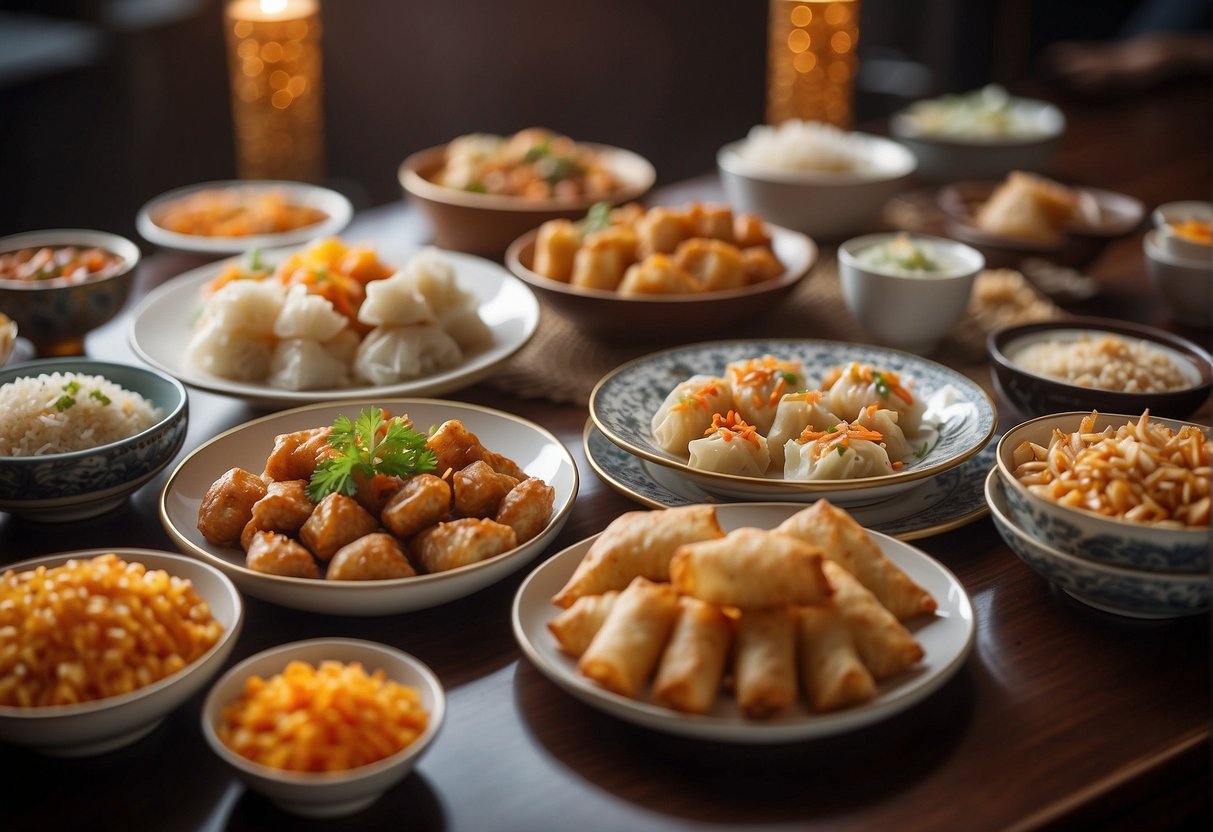 A table set with various Chinese appetizers and sides for a birthday dinner, including dumplings, spring rolls, and fried rice