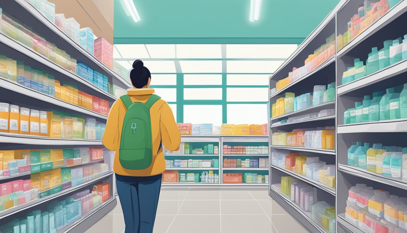 A person walks into a pharmacy in Singapore, browsing shelves of surgical masks