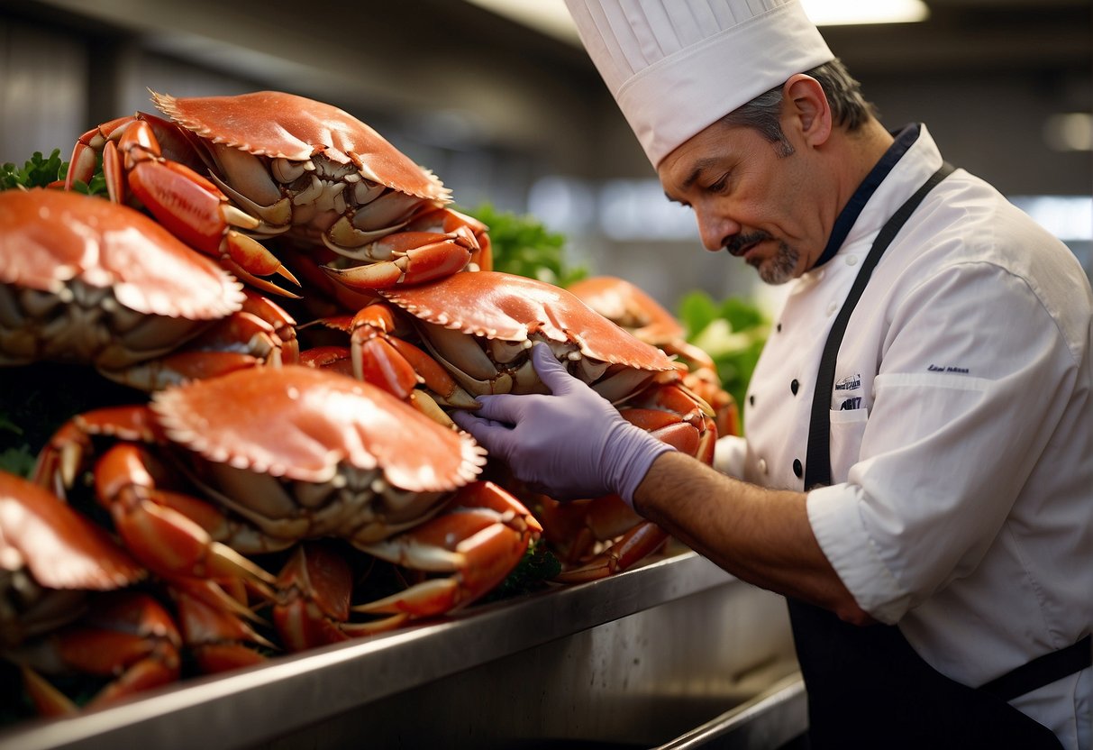 A chef selects a large, fresh Dungeness crab from a seafood market display. The crab is vibrant red and its legs are intact, indicating its quality