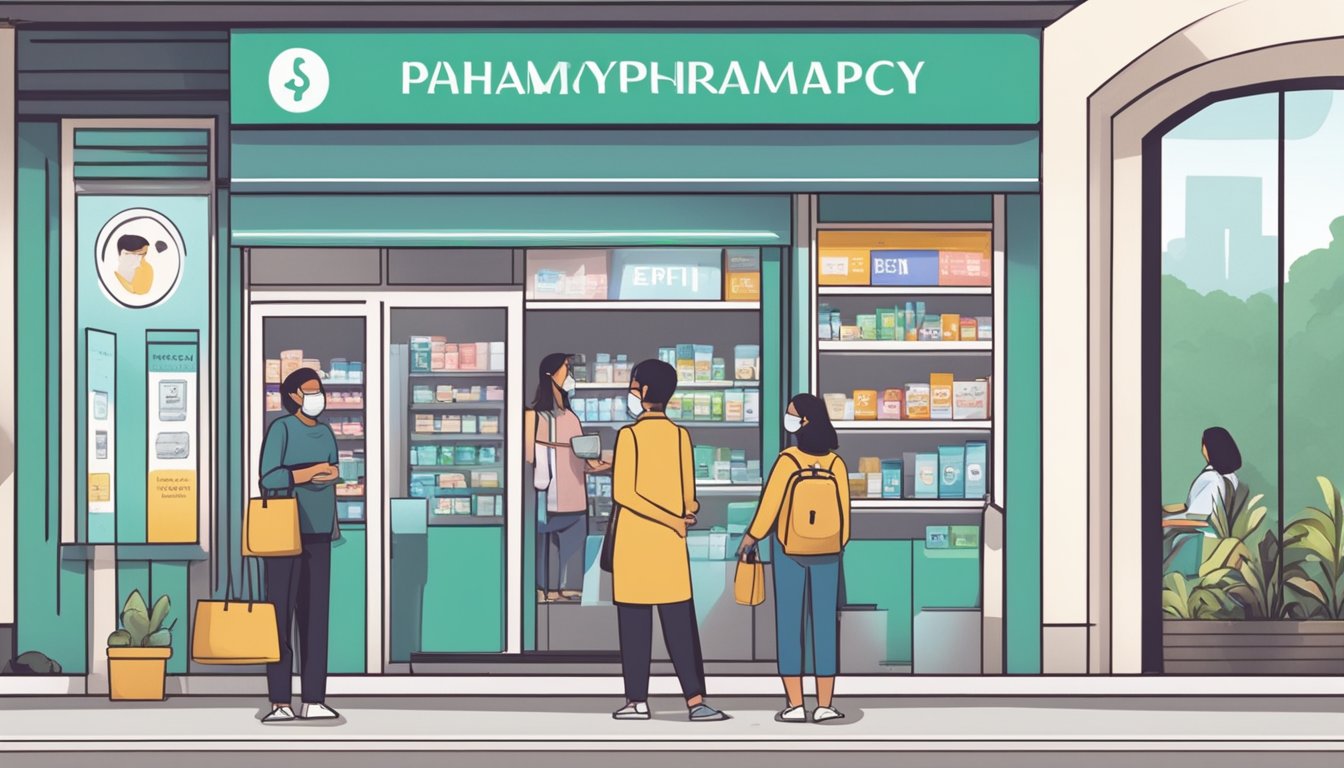 Customers lining up outside a pharmacy in Singapore. Signage displays "Surgical Masks Available." A staff member assists a customer with a purchase