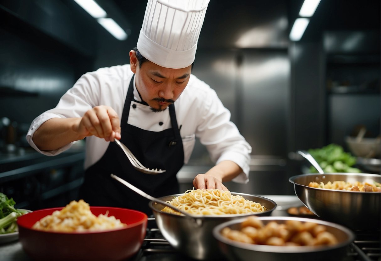 A chef expertly prepares traditional Chinese birthday dinner dishes, focusing on perfecting cooking techniques