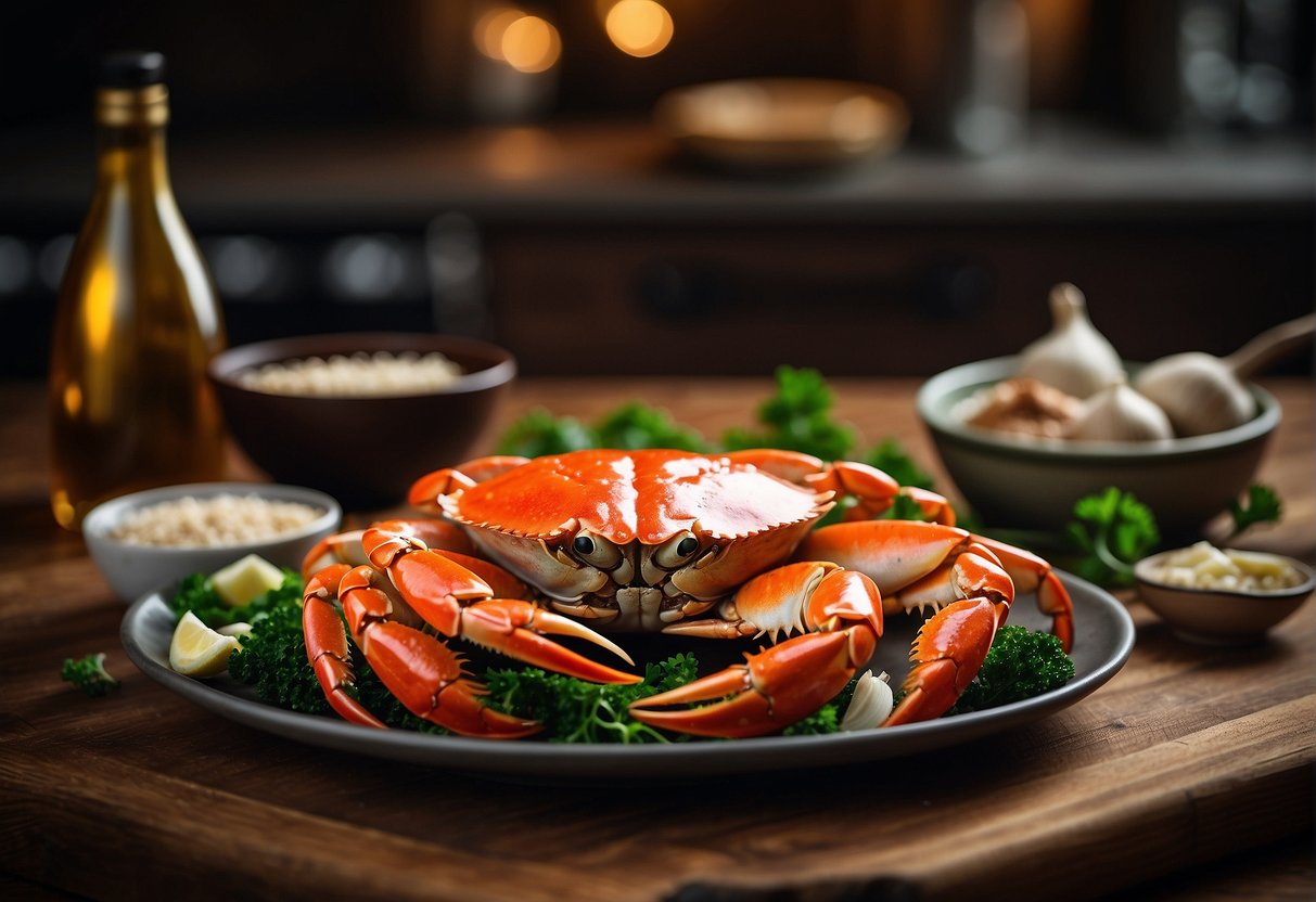 A dungeness crab, ginger, garlic, soy sauce, and cooking utensils laid out on a wooden table for a Chinese recipe illustration
