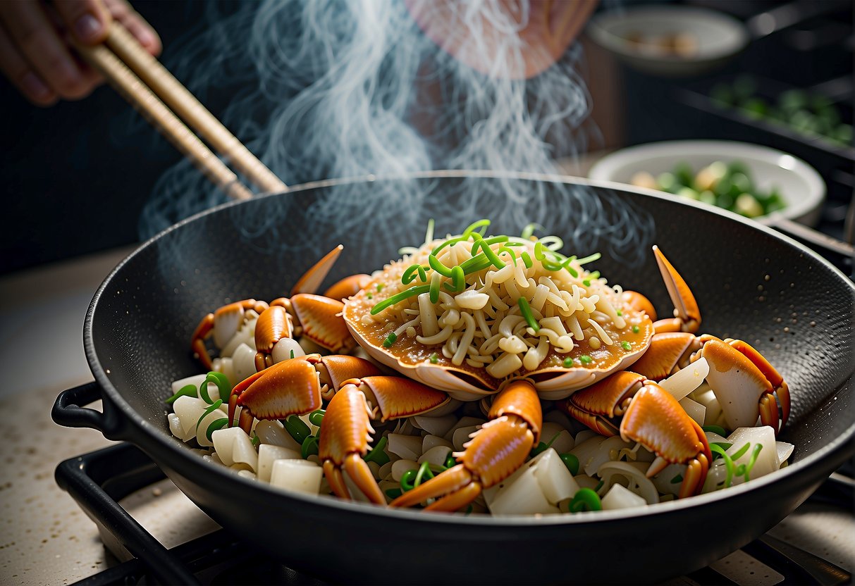 A dungeness crab being stir-fried in a wok with ginger, garlic, and green onions, then steamed with Chinese cooking wine and soy sauce