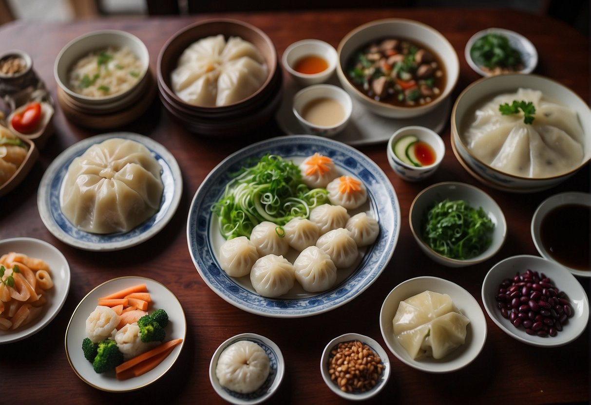 A table set with traditional Chinese dishes for a birthday dinner, including steamed fish, dumplings, noodles, and red bean buns