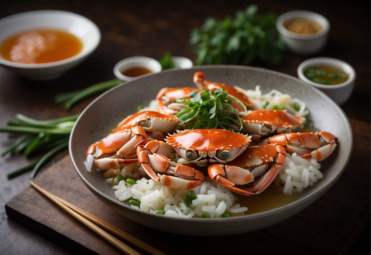 A steaming plate of dungeness crab with ginger and scallions, surrounded by chopsticks and a bowl of dipping sauce