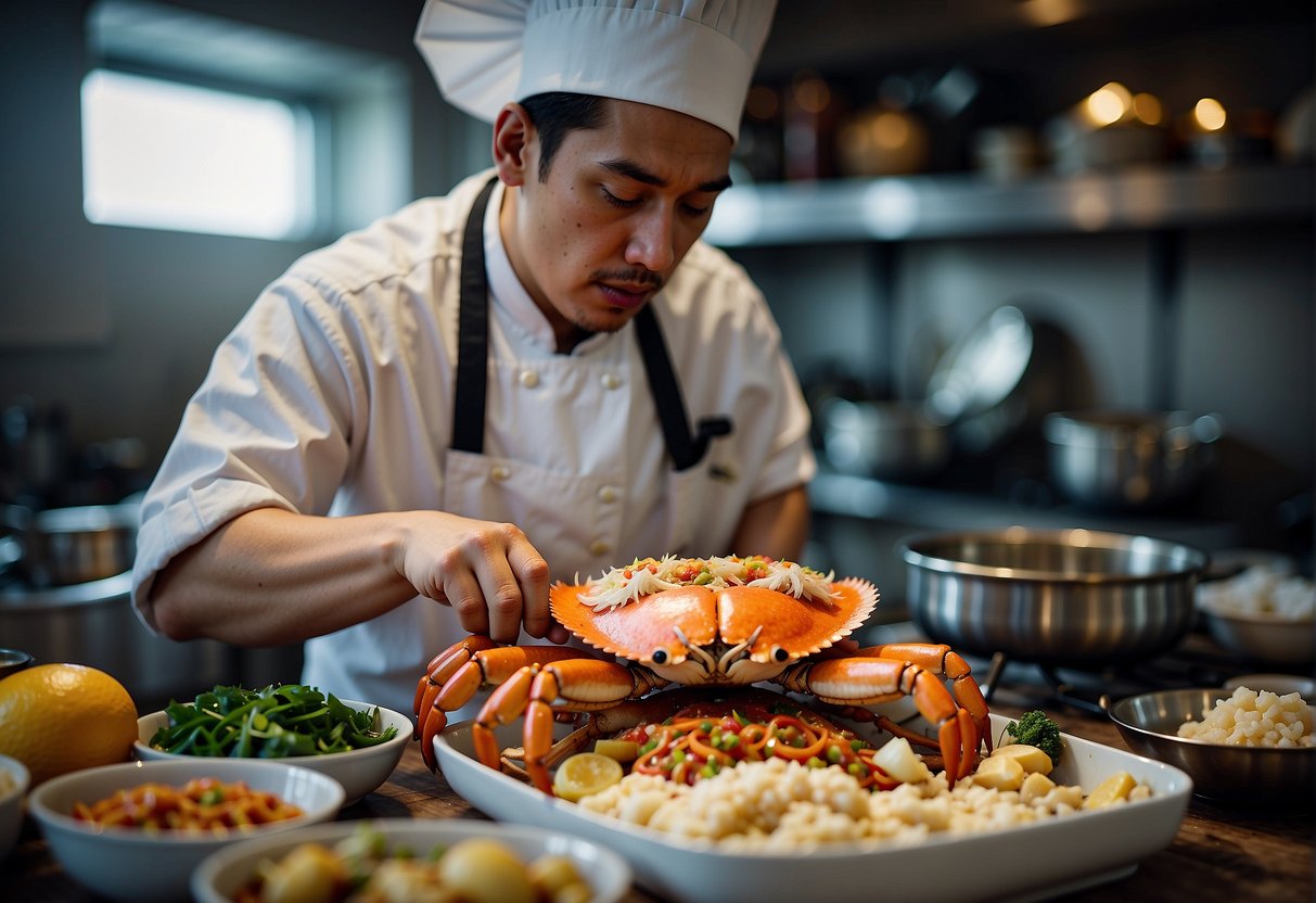 A chef prepares a traditional Chinese dungeness crab recipe, surrounded by ingredients and cooking utensils