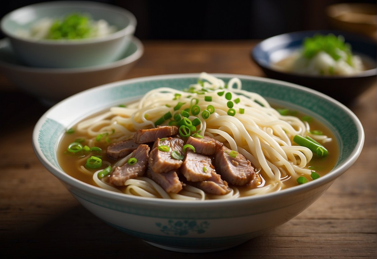 A steaming bowl of long, uncut noodles in a savory broth, garnished with vibrant green onions and slices of tender, juicy pork