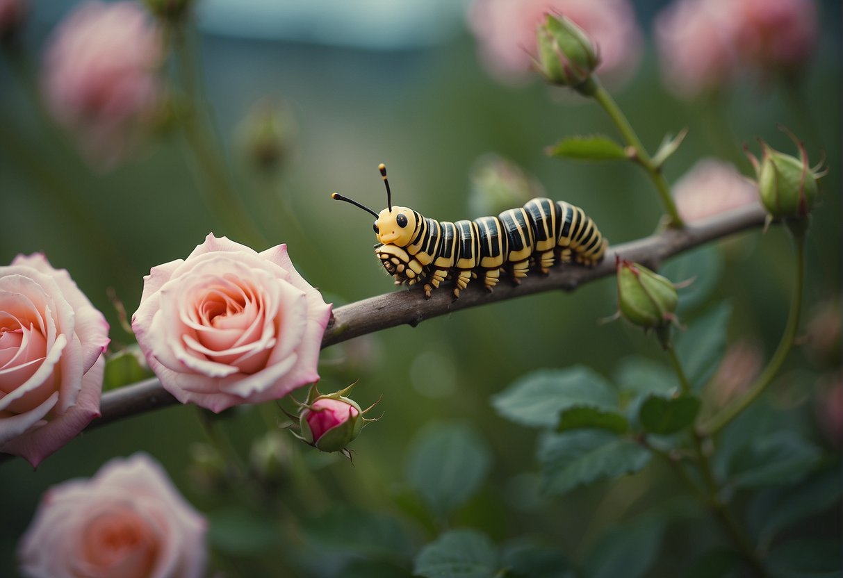 A caterpillar munches on delicate rose buds