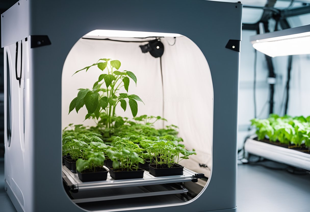 A grow tent sits in a bright, spacious room with hydroponic equipment inside. Plants thrive under the grow lights, surrounded by the benefits of controlled environment