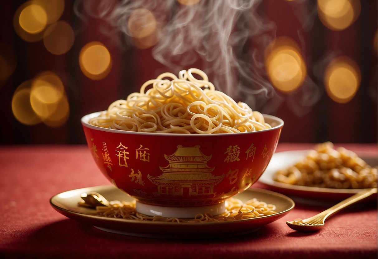 A steaming bowl of Chinese birthday noodles sits on a red tablecloth, surrounded by vibrant red and gold decorations symbolizing good luck and prosperity