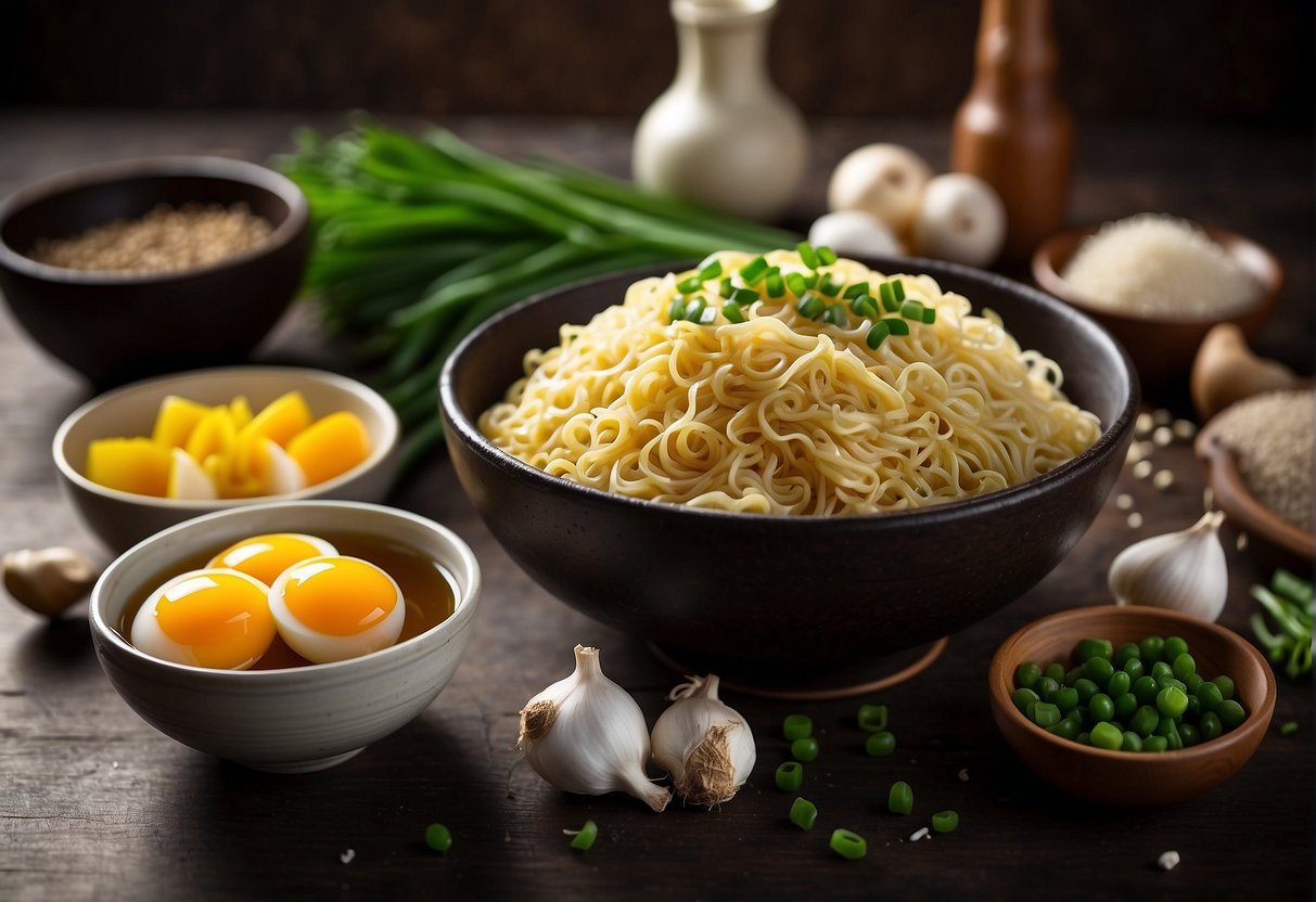 A table with ingredients: noodles, soy sauce, sesame oil, ginger, garlic, green onions, and eggs
