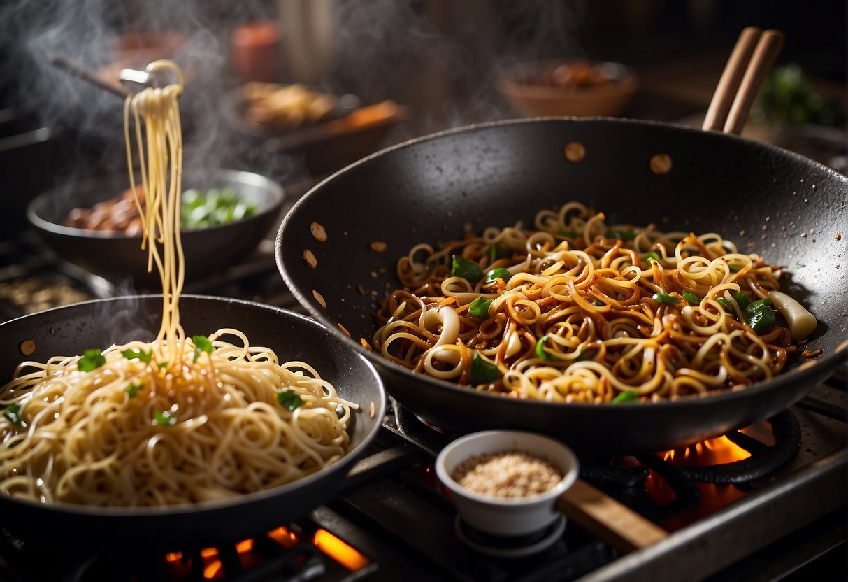 A wok sizzles with oil and garlic, as noodles are tossed in. A fragrant aroma fills the air as soy sauce and sesame oil are added, creating a glossy finish