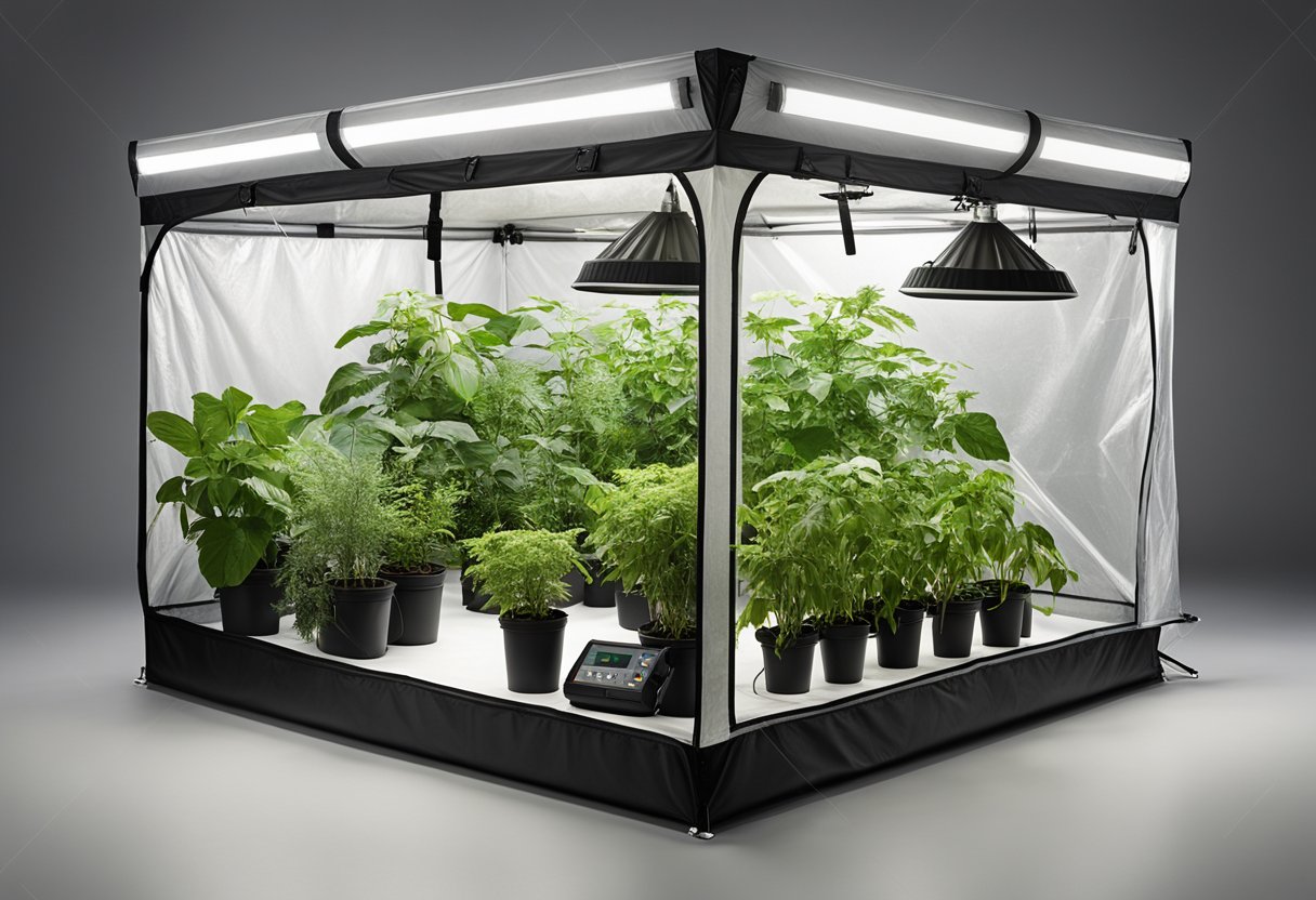 A grow tent sits in a clean, organized space with maintenance tools nearby