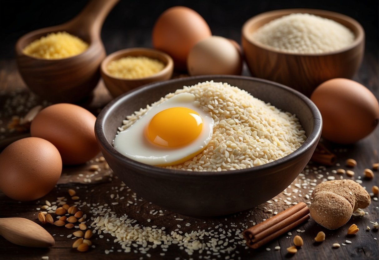 A table with various ingredients: flour, sugar, eggs, butter, and sesame seeds. A mixing bowl and wooden spoon sit beside them