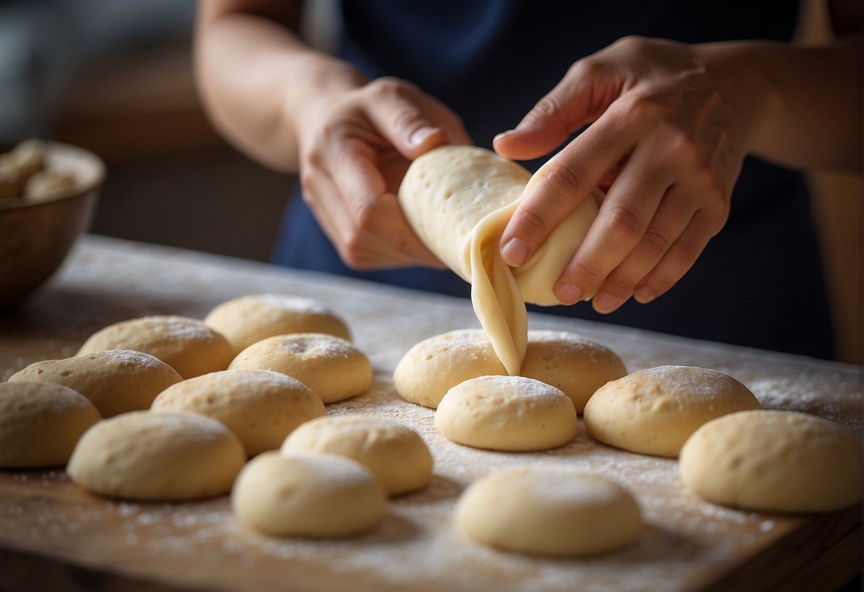 A pair of hands kneading dough, rolling it out, and cutting it into intricate shapes for Chinese biscuit making