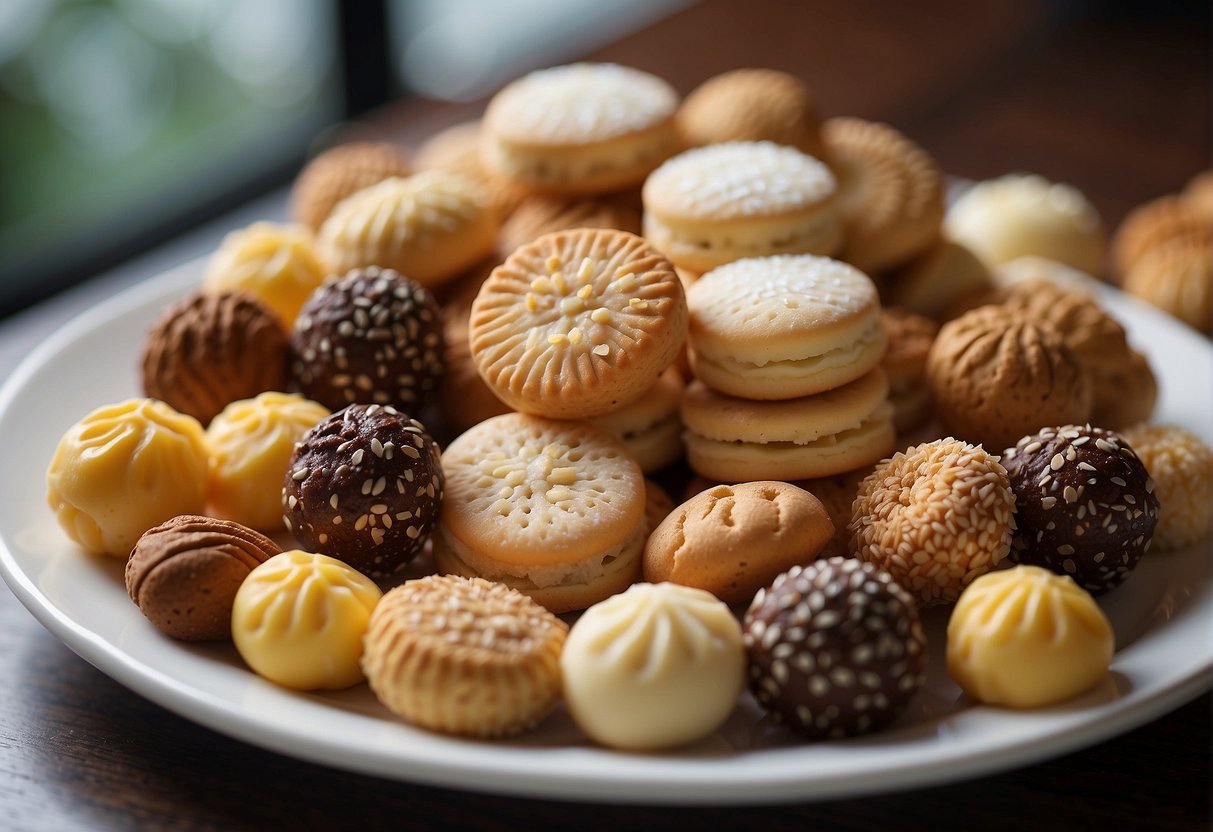 A table filled with various Chinese biscuit varieties, including pineapple cakes, almond cookies, and sesame seed balls