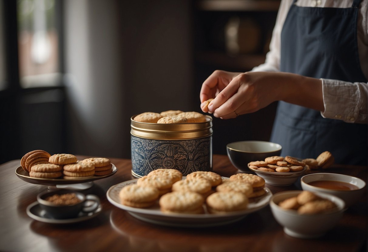 A hand placing freshly baked Chinese biscuits into a decorative tin for storage. Another hand serves a plate of biscuits with a pot of tea