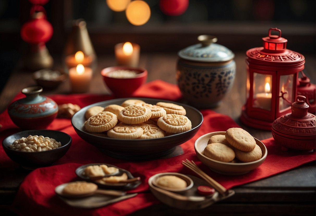 A table set with traditional Chinese biscuit ingredients and utensils, surrounded by red lanterns and decorative symbols for cultural significance and special occasions
