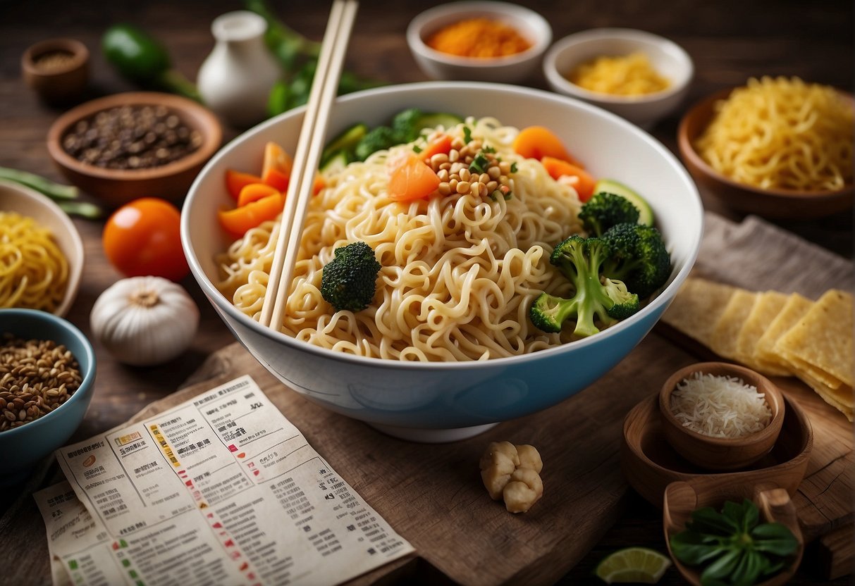 A table displays nutritional info for Chinese birthday noodles, surrounded by various ingredients like noodles, vegetables, and seasonings