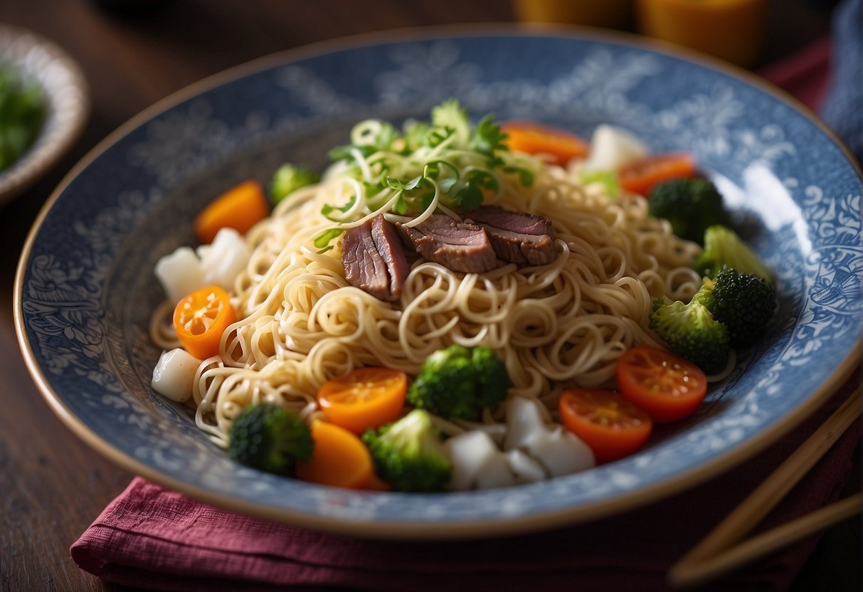 A bowl of steaming Chinese birthday noodles, adorned with vibrant vegetables and succulent pieces of meat, sits on a decorative platter, surrounded by ornate chopsticks and a colorful napkin