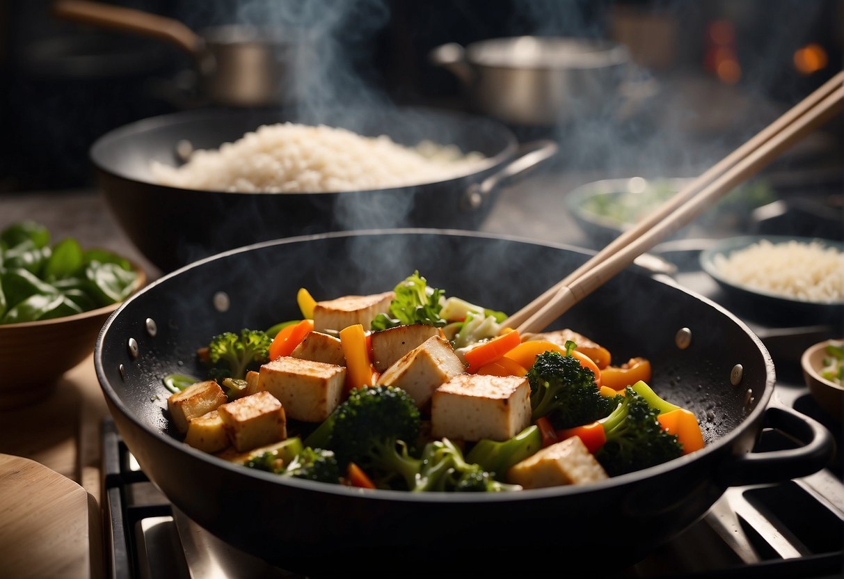 A wok sizzles with stir-fried vegetables and tofu. Steam rises as a chef adds soy sauce and ginger. A bowl of rice sits nearby