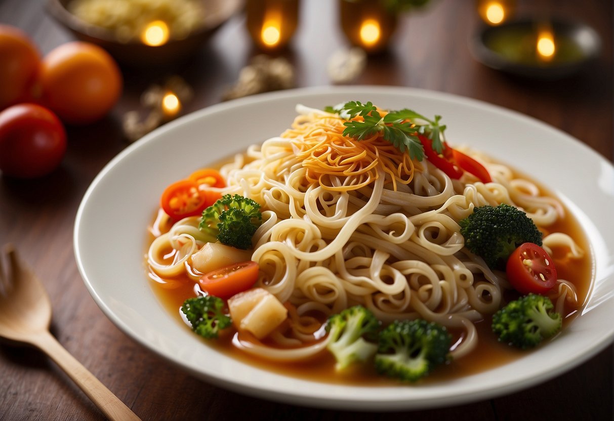A steaming bowl of long, unbroken noodles topped with vibrant vegetables and savory broth, surrounded by festive red and gold decorations