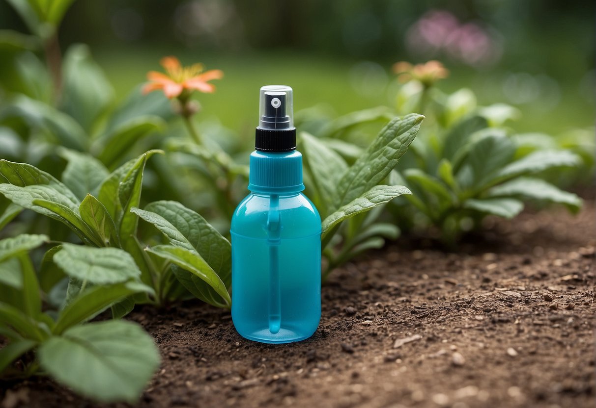 A spray bottle targets stink bugs in a lush garden, with wilted plants in the background