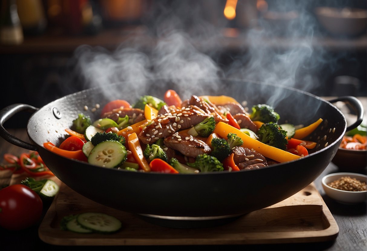 A sizzling wok filled with colorful vegetables and strips of meat, surrounded by bottles of soy sauce and sesame oil. Smoke rises as the ingredients are tossed together in a quick and easy stir-fry