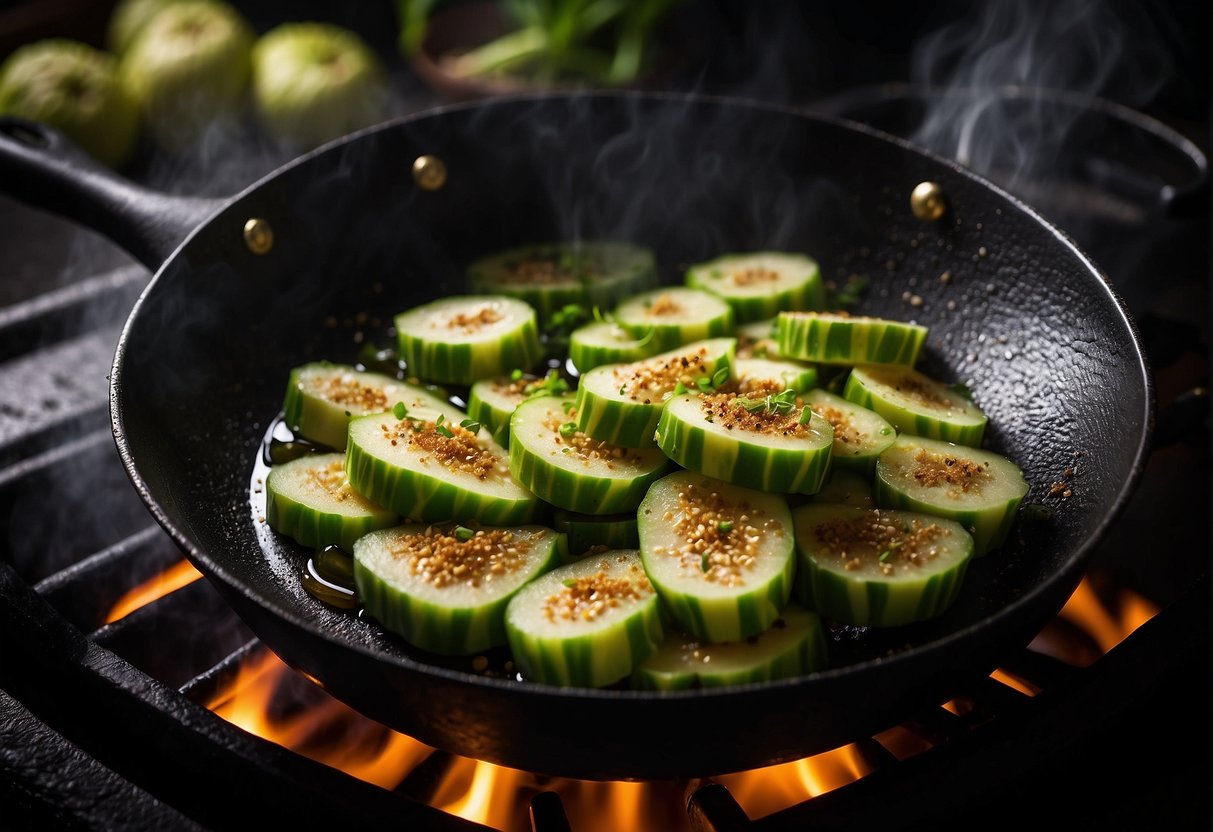 Bitter melon slices sizzling in a hot wok with garlic, ginger, and soy sauce, emitting a savory aroma