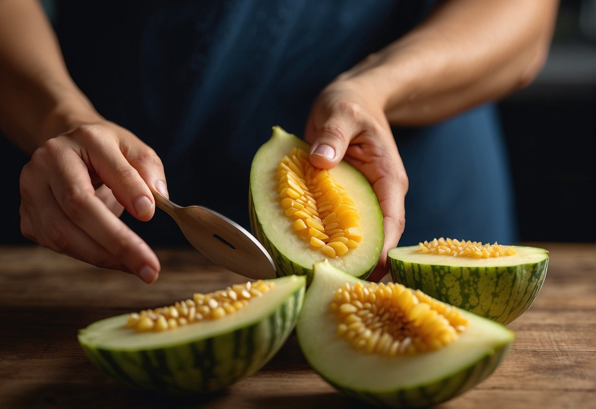 A hand reaches for a ripe bitter melon, slicing it open and removing the seeds with a spoon. The melon is then washed and cut into thin slices for cooking