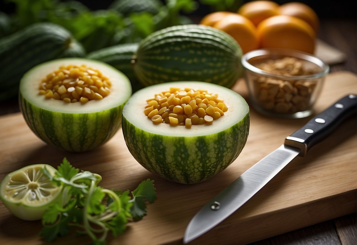 A cutting board with bitter melon, knife, and ingredients for a Chinese recipe. Optional: substitute ingredients nearby