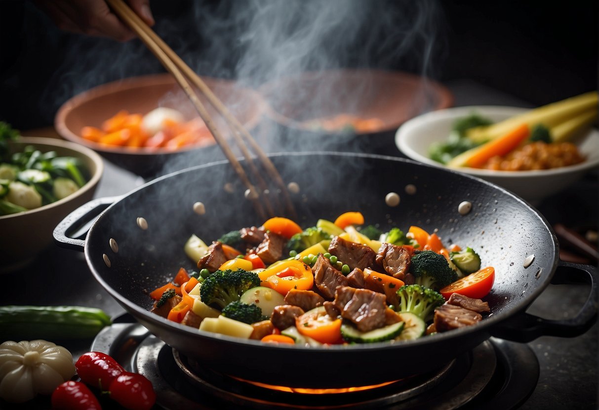 A wok sizzles with stir-fried vegetables and tender slices of meat. Steam rises as a chef adds a splash of soy sauce, creating an aromatic cloud