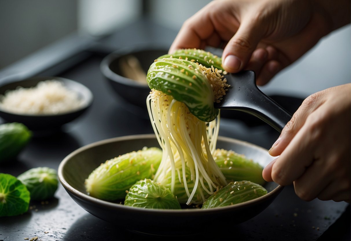Bitter melon being sliced and deseeded, then stir-fried with garlic and soy sauce