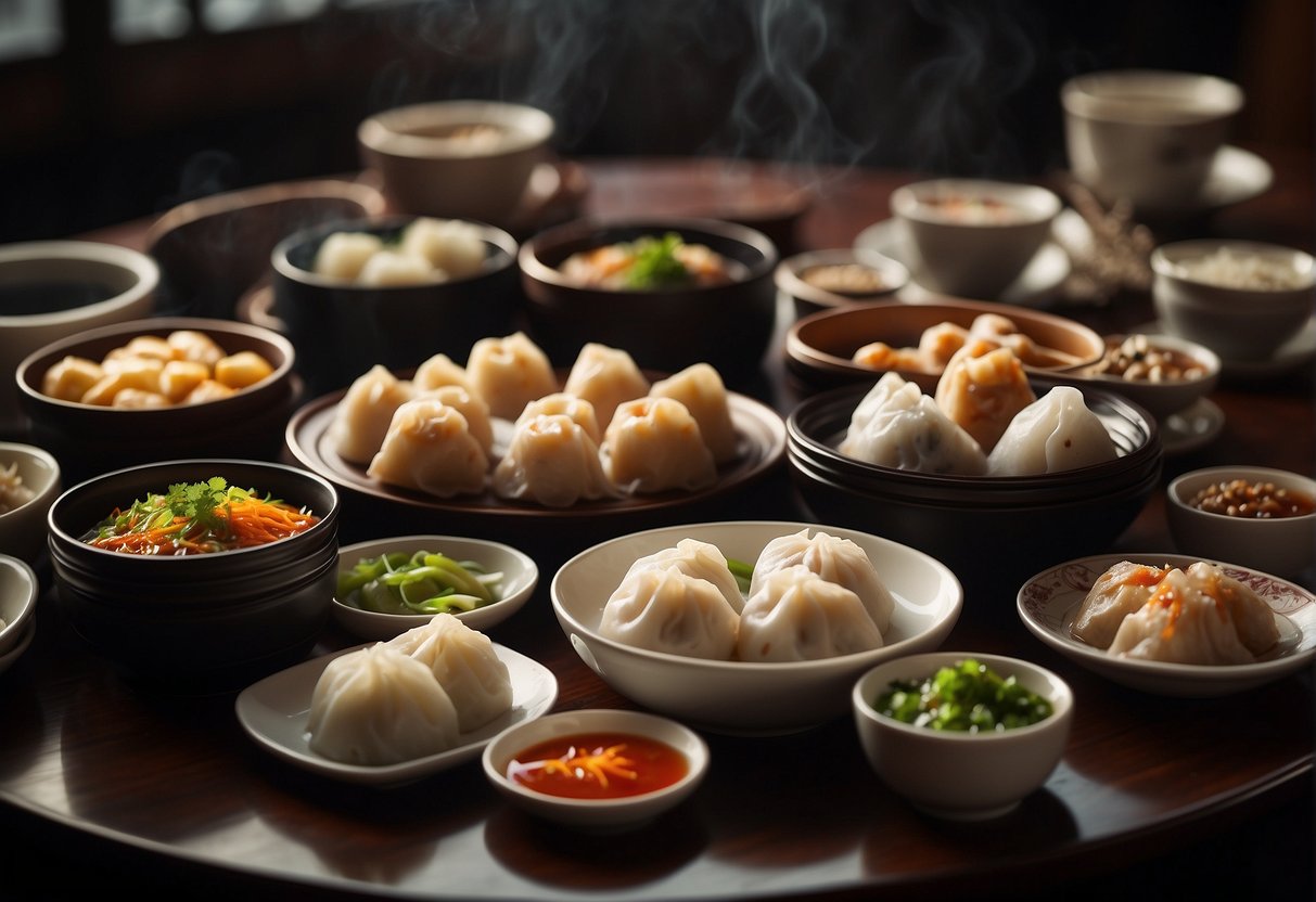 A table set with an array of steaming dim sum dishes and traditional Chinese condiments