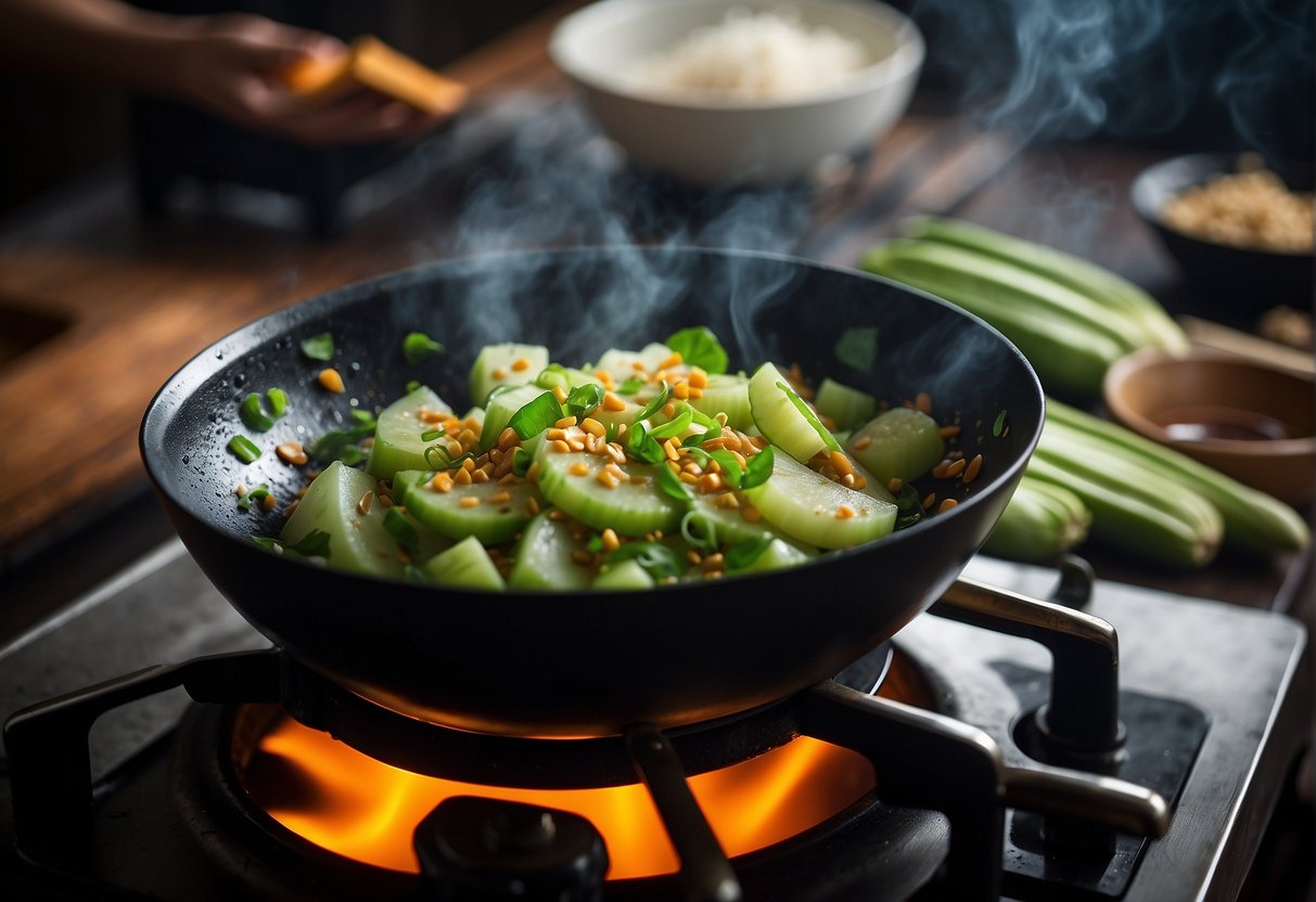 A wok sizzles with sliced bitter melon, garlic, and soy sauce. Steam rises as the ingredients are stir-fried over high heat