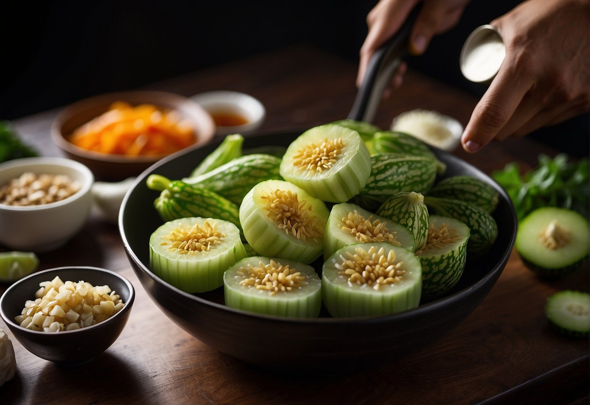 A table with ingredients: bitter melon, garlic, soy sauce, and a wok. A chef slicing bitter melon, stir-frying with garlic and soy sauce