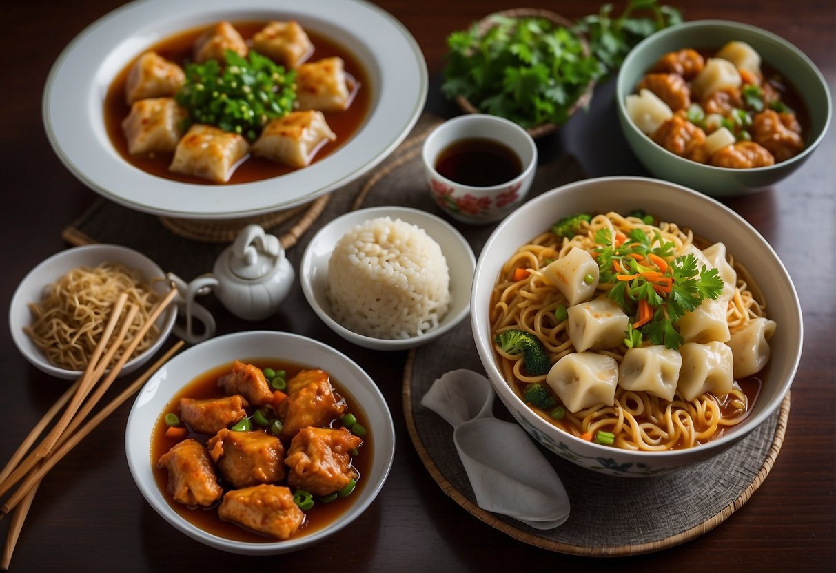 A table set with traditional Chinese dishes, including stir-fried noodles, sweet and sour chicken, and steamed dumplings