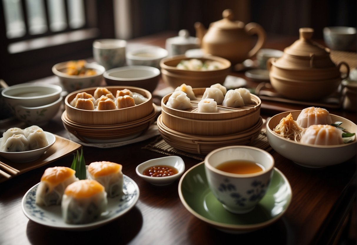 A table set with steaming bamboo baskets filled with various dim sum and small bites, surrounded by traditional Chinese tea sets and chopsticks