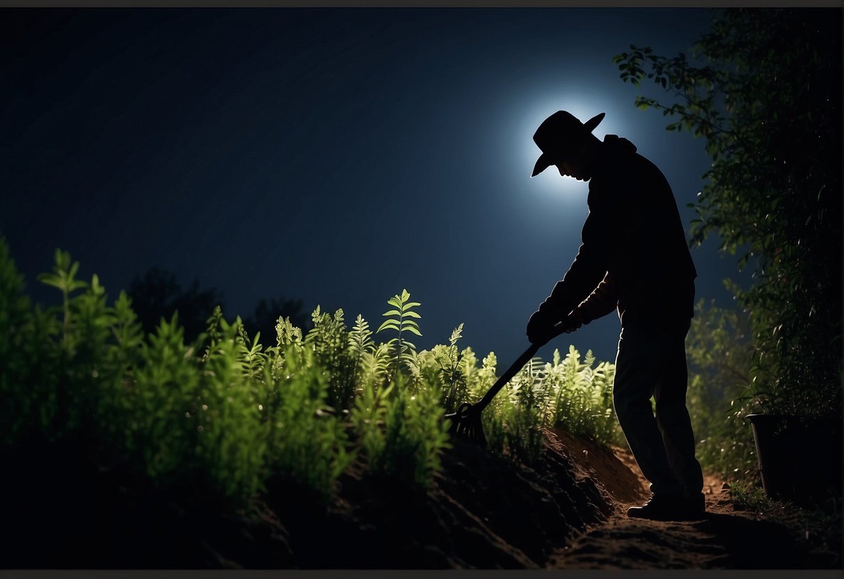 A shadowy figure digs up plants at night in the moonlight