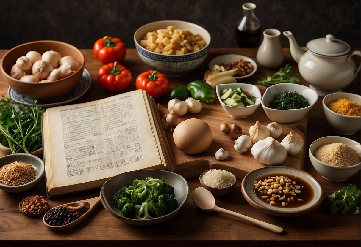 A table filled with various Chinese ingredients and cooking utensils, with a cookbook open to a page titled "Frequently Asked Questions easy authentic Chinese recipes"