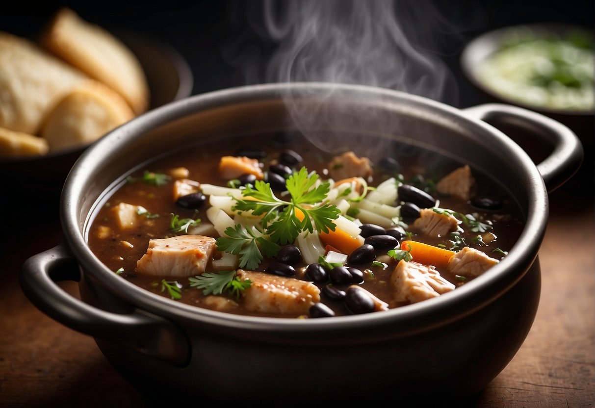 A pot of simmering black bean chicken soup with fragrant herbs and tender chunks of chicken, steam rising from the surface