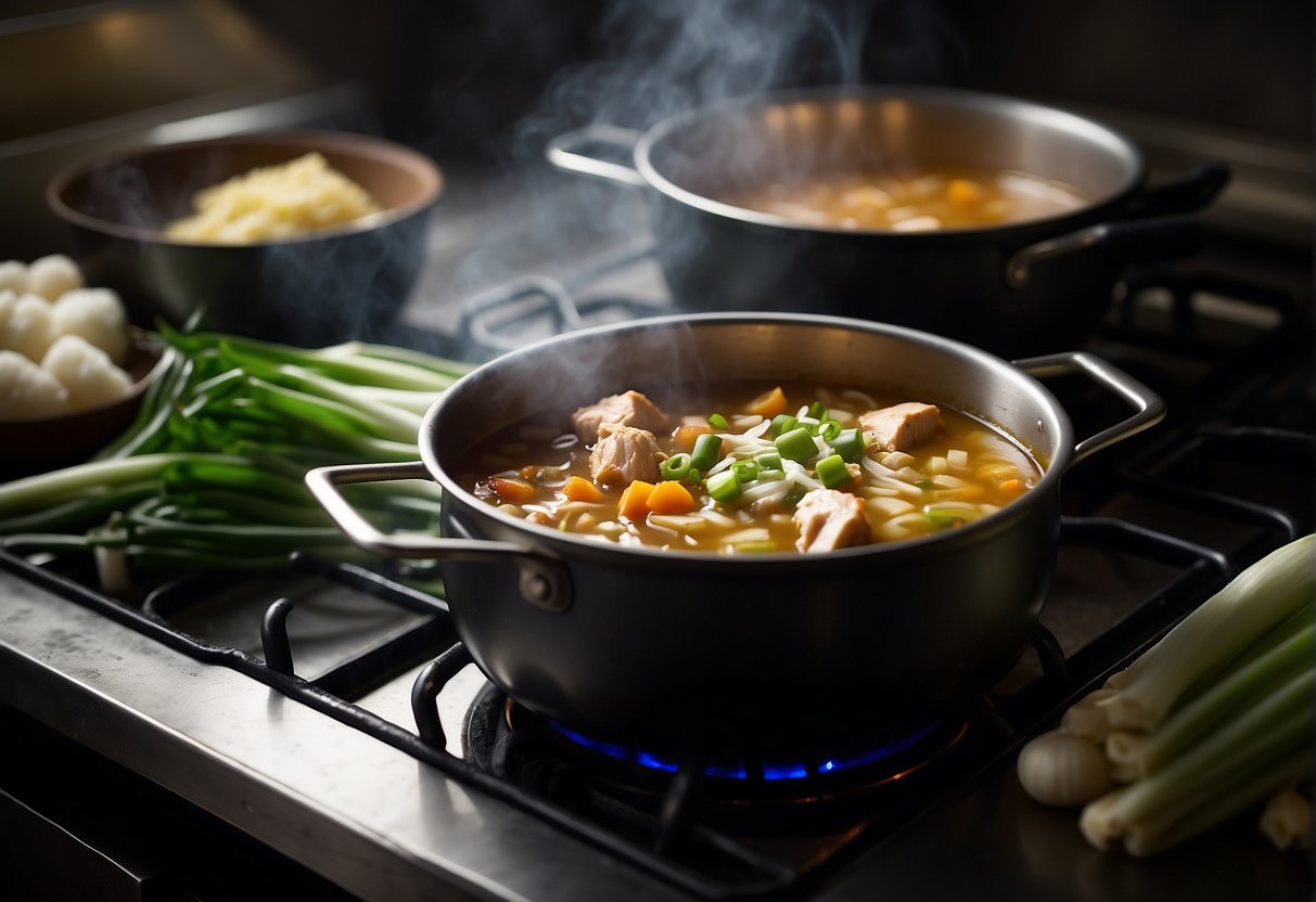 A pot simmering on the stove with chicken, black beans, ginger, and green onions. A bowl of steaming soup ready to be served
